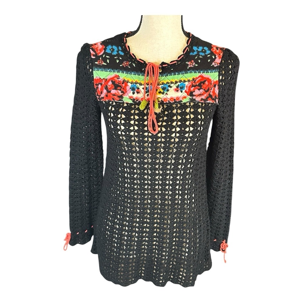 Free People Boho Crochet Wool Sweater Floral Women's Size X-Small Black Knit